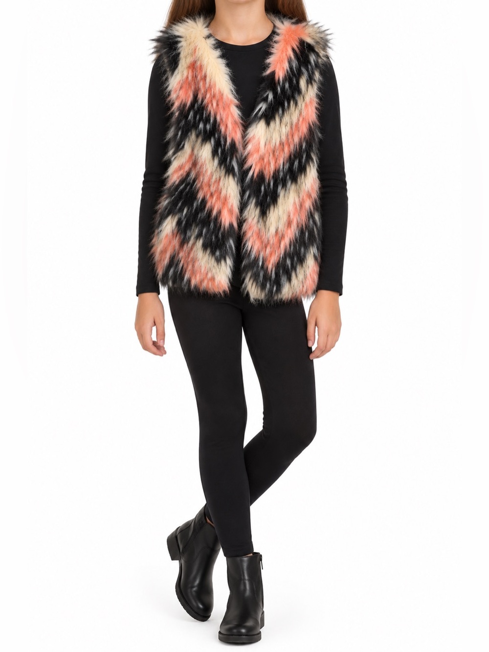 Catimini Multi-Color Faux Fur Vest in Pink, Black & Cream